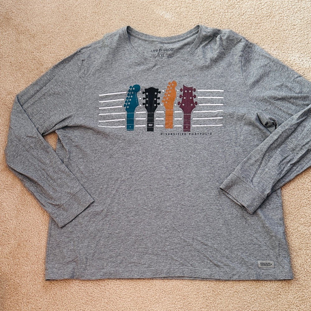 👕Three for $18 T-Shirt Sale Life Is Good Gray Long Sleeve with Colorful Guitar
